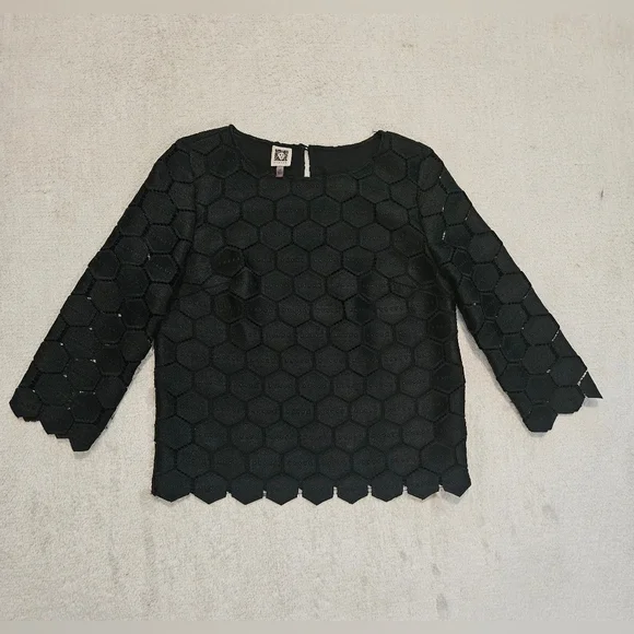 Anne Klein Black Hexagon Lace Long Sleeve Blouse Minimalist Business Casual Work - Picture 2 of 8